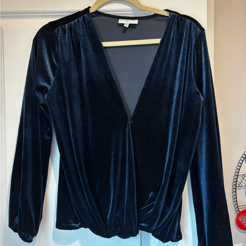 Long Sleeve Deep Blue Velvet Blouse